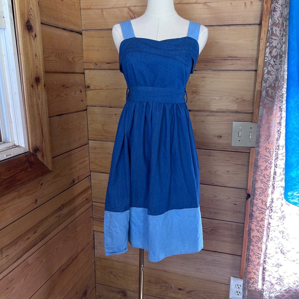 Colorblock Denim Sweetheart Bustier Midi Sun Dress Women Size 8 Blue Jean Hug Me